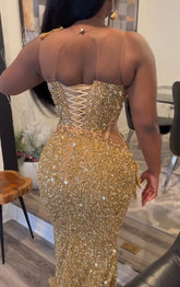 Long Mermaid Sequin Gold Sleeveless Lace-Up Prom Dresses